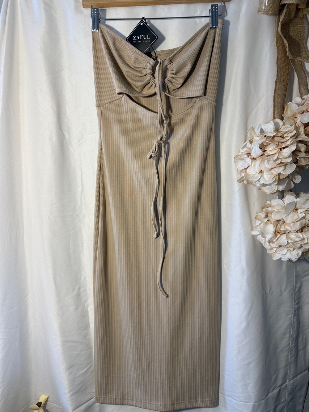 Zaful Taupe Ribbed Tie-Front Maxi Dress